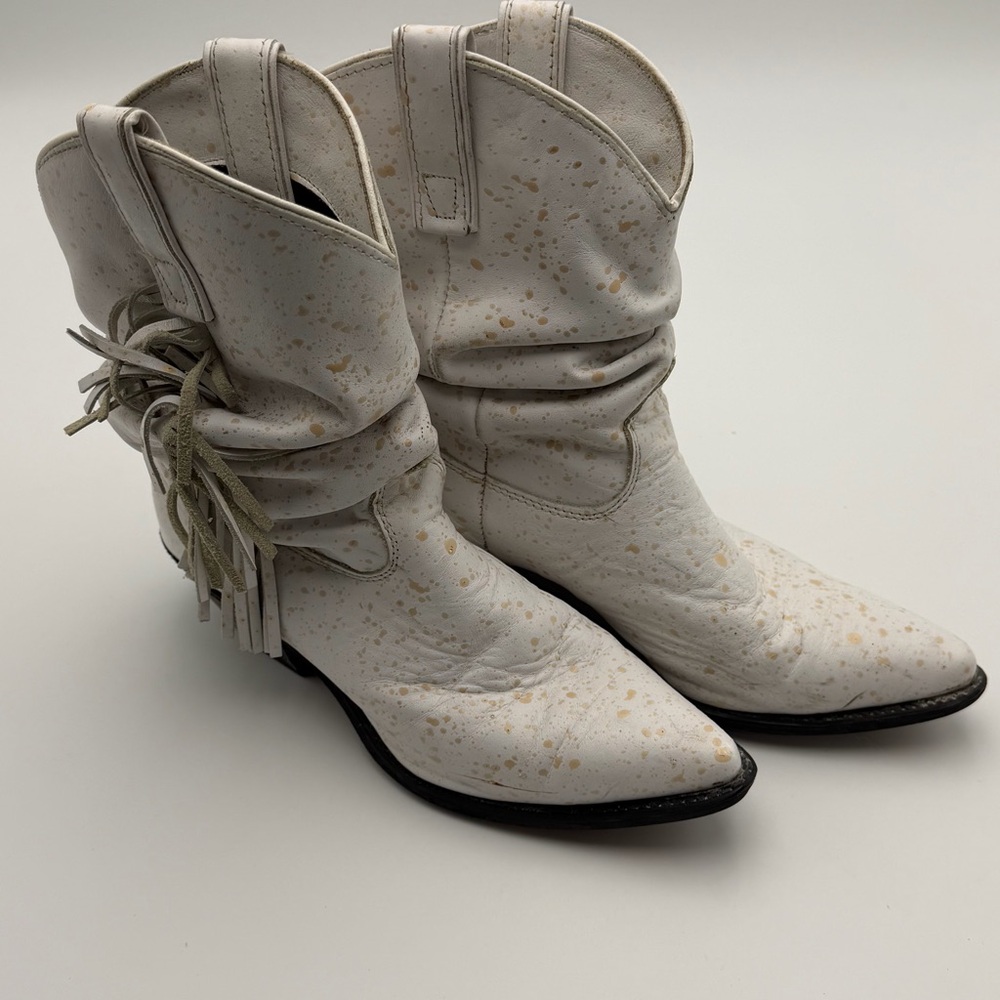 Vintage Capezio Leather Fringe Paint Splatter Cowboy Boot Woman's Size 7.5